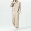 Novedad Otoño/Invierno 2026 Traje de Hombre con Textura de Raya Vertical Botón de Rana Cuello Alto Holgado Estilo Chino Casual Conjunto de Dos Piezas Traje Tang