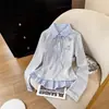 Camiseta Polo de Manga Longa com Cadarço, Patchwork de Xadrez e Renda, Falsa Peça Dupla, Bordada, Casual, Doce, Redutora de Idade para Mulheres, Primavera e Outono