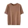 Top simple transfronterizo, transpirable, cuello redondo, dobladillo enrollado, corte ajustado, versátil camiseta de punto de manga corta lista para usar para mujer, color liso, adecuada para ir al trabajo