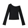 Camiseta de manga larga irregular con cuello inclinado estilo americano, color liso, para uso diario, principios de otoño de 2024