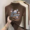 Camada de base de fleece escovado da moda para meninas, outono e inverno, para crianças mais velhas, com estampas de desenhos animados fofas, top quente de manga comprida