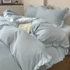 Conjunto de cama de quatro peças de algodão puro com babados, fresco e simples 1.8 lençol para dormitório estudantil capa de edredom azul conjunto de três peças de algodão puro 4