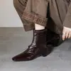 Botines cortos para mujer con aumento de altura interior, hechos de piel de vaca de capa superior, nuevo estilo otoño e invierno, piel genuina, puntera cuadrada, tacón medio, con cremallera trasera, botines cortos ajustados para mujer