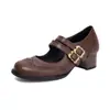 Zapatos de Salón Franceses de Tacón Medio Grueso Puntiagudos para Mujer 2025 Nuevos Zapatos Mary Jane Retro de Doble Botonadura 40-43 Exportación