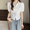 Coreia do Sul Verão Nicho Gola Simples Plissado Design Plissado Manga Bolha Chique All-match Trendy Camisa
