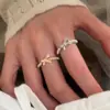 Anillo Abierto Exquisito Francés de Circonita con Lazo y Perla, Diseño Dulce y de Nicho, Anillo de Gama Alta y Versátil