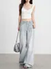 Jeans Versátil Azul Claro de Perna Larga para Mulheres, Novo Estilo Outono/Inverno, Solto e Emagrecedor, Design de Fivela Paris, Calça Reta Comprida