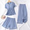 Pijama Acolchoada com Fio para Mulheres Verão Fina Solta Manga Curta Calças Cropped Shorts Conjunto Três Peças Roupa de Casa