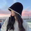Gorro de Pescador de Punto para Mujer Otoño e Invierno Estilo Japonés Color Contrastante Lana de Cordero Sombrero Bucket para Mostrar el Rostro Pequeño Moda Combinable Cálido Sombrero Cubo