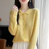 Nuevo Suéter 100% Lana Otoño/Invierno 2026 para Mujer, Cárdigan de Punto con Cuello Polo, Top Suéter Calado de Ganchillo de Manga Larga