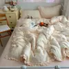 Conjunto de cuatro piezas de gasa de doble capa 100% algodón con borde de volantes de lunares estilo ins, Conjunto de tres piezas de algodón puro para niña estilo coreano, amigable con la piel