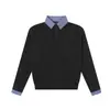 Design Retrô Americano Patchwork Senso de Design Suéter de Malha Falso Duas Peças Suéter Preto Manga Longa Masculina Camada Base Roupa Íntima Outono e Inverno