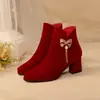 Zapatos de Boda Chinos Rojos para Novia para Mujer Botines Gruesos de Invierno 2025 Nuevos Cremallera Lateral Borla Zapato de Tostado Botas de Boda para Mujer