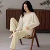 Artículo popular para transmisiones en vivo: Pijama de algodón puro para mujer para otoño e invierno, de manga larga, cuello redondo, sin botones, diseño lindo de dibujos animados, se puede usar afuera, conjunto para estar en casa