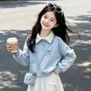 Conjunto de Moda para Meninas Primavera e Outono Novo Estilo Primavera e Outono Moletom Doce com Gola de Laço Conjunto de Duas Peças Saia Fofa