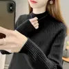 Suéter feminino outono e inverno transfronteiriço, cor sólida, modelagem que emagrece, manga longa, gola alta parcial, malha, estiloso e grosso