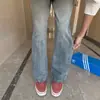 Jeans Lavados con Patrón de Rayos Azules Vintage para Hombre Estilo High Street Americano Pantalones de Corte Recto Ajustados Pantalones Bootcut