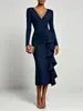 Vestido Midi Customizado 2026 Europeu e Americano de Gola V de Manga Longa, Acinturado, com Babados, um Traje Ajustado e que Valoriza a Silhueta para Ocasiões Formais
