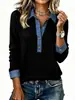 Suministro de camisa de mujer de talla grande tipo dos piezas con cuello y puños de mezclilla, camisa de manga larga con textura de tejido gofre