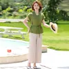 Nuevo Traje de Manga Corta Estilo Chino para Mujer, Atuendo de Verano con Lazo en la Cintura, Conjunto de Dos Piezas para Señoras de Mediana Edad y Mayores, Pantalones Casuales Elegantes