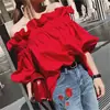 Camisa Blusa de Verano Roja Manga Media Hombro con Volantes