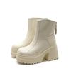 Botas Femininas de Cano Médio 2025 Novo Estilo Pequenas com Solado Grosso Sapatos de Salto Alto 10cm Outono e Inverno Forradas com Lã Botas Curtas de Salto Grosso Efeito Emagrecedor