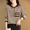 Suéter de Tricô Listrado com Capuz Estilo Coreano Tendência Primavera e Outono 2026 Manga Longa Feminino Camada Base Top de Outono