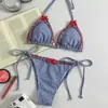 2026 venta caliente transfronteriza azul y blanco a cuadros rojo con volantes y lazo tirantes al cuello sexy traje de baño de dos piezas para vacaciones