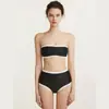 Traje de Baño Nuevo Estilo de Dos Piezas de Cintura Alta para Mujer, Oculta el Vientre y Adelgaza, Bikini Negro con Bordes en Contraste, Adecuado para Vacaciones en la Playa y Aguas Termales