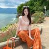 Conjunto de Pantalones de Pierna Ancha a Cuadros de Verano para Mujer, Conjunto de Top Tubo con Almohadillas para el Pecho, Atado, Atuendo Vintage para Vacaciones en la Playa