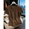 Camiseta de Manga Corta para Mujer, 100% Algodón, Hombro Normal, Estampado de Espina de Pescado, Color Café, Moda Coreana, Corte Ajustado, Ropa de Verano para Mujer 2026