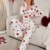 Pijama Europeo y Americano Nuevo Conjunto de Dos Piezas para Mujer Venta Caliente Transfronteriza de Amazon Estampado de Corazones Manga Larga Pantalón Largo Ropa de Casa Europea y Americana