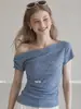 Top de Hombros Descubiertos Estilo Coreano de Verano LiLvi, Blusa Azul de Puntos de Manga Corta Ajustada
