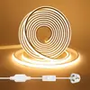 Plugue do Reino Unido com interruptor, Fita de LED COB de alta voltagem 240V, ultra brilhante, à prova d'água, para uso doméstico, iluminação ambiente, Fita de LED 220V