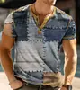 Comércio Exterior Transfronteiriço Nova Camiseta Masculina de Manga Curta com Estampa Digital 3D e Gola com 3 Botões na Frente, Roupa Masculina Casual da Moda