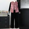 Colete Rosa Jovem Estilo Chinês Novo Conjunto de Três Peças Camisa Base de Veludo com Gola Redonda Outono Novo para Mães