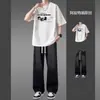 Camisa de Manga Curta Estilo Hong Kong Terno Masculino Verão Casual Solta Moda Roupas Masculinas Lindo Conjunto de Duas Peças com Jeans