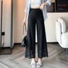 Foto Real de Pantalones Holgados de Pierna Ancha con Encaje Calado Adelgazantes de Cintura Alta de Verano al Estilo Coreano, Pantalones Casuales Sueltos de Nueve Puntos