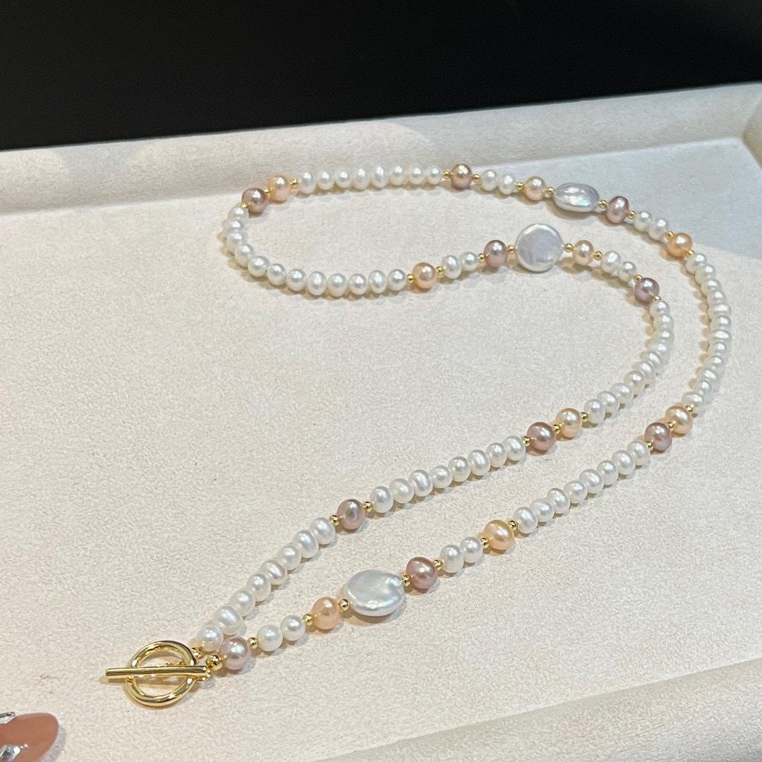 时尚百搭天然淡水珍珠项链女彩色串珠小众OT扣高级感
