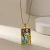 Colar com Pingente Retangular Colorido em Aço Inoxidável Retro Europeu e Americano Tarot Estrela Lua Sol Corrente para Suéter