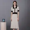 Vestido de Verão Amazon Transfronteiriço Color Block com Gola Lapela Manga Curta Malha Ajuste na Cintura Emagrecedor Feminino Alta Qualidade Textura Para o Trabalho