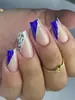 Simple corto línea de leopardo estampado de vaca lechera francés usando uña pieza de uña terminado al por mayor uña postiza parche de arte de uñas conjunto