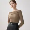 Estilo elegante e sofisticado! Camisa feminina canelada slim fit ombro a ombro 100% caxemira pura, top de tricô estiloso