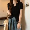 Cuello en V calado de punto moda cuello corto de punto chic verano mm camisa adelgazante irregular top francés