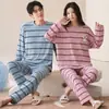 Pijama de Algodón Puro para Pareja Nuevo Estilo Otoño Cuello Redondo Primavera y Otoño Manga Larga Rayas Jersey Conjunto de Ropa para el Hogar con Pantalones Largos