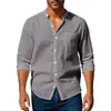 2026 Amazon Cross-Border Primavera e Outono Camisa de Linho Manga Longa Gola Alta Respirável Casual Masculina Novo Estilo Chinês Camisa com Bolso