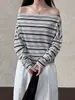 Camiseta Ligera de Manga Larga con Protección Solar para Mujer ~ Estilo Coreano Verano y Otoño Exquisita Versátil Ceñidor de Cintura Hombros Descubiertos Top Rayado