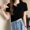 Camiseta Básica de Algodão de Manga Curta com Botões Verão Feminino Estilo Coreano Ajustada Manga Curta Top Cintura Alta Curto