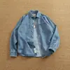 Camisa de mezclilla casual para hombre estilo americano de manga larga, chaqueta camisa casual de trabajo otoño pesado lavado desgastado para usar en capas