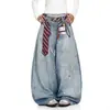 Corbata Lavada Retro Americana Jeans con Cimitarra Estampada en 3D Marca de Moda Urbana para Hombre Pantalones Anchos Sueltos Casuales